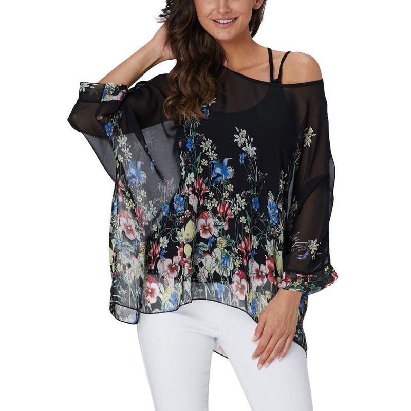 Ckikiou Plus Size Batwing Flowy Semi Sheer Chiffon Blouse Tunic for Women Summer Floral Print Boho Beach Cover ups - Image 1